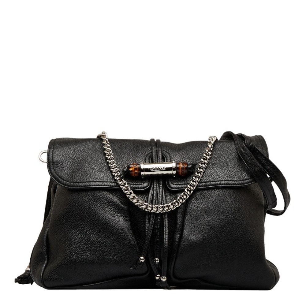 Gucci Black Leather Shoulder Bag with Silver Chain
